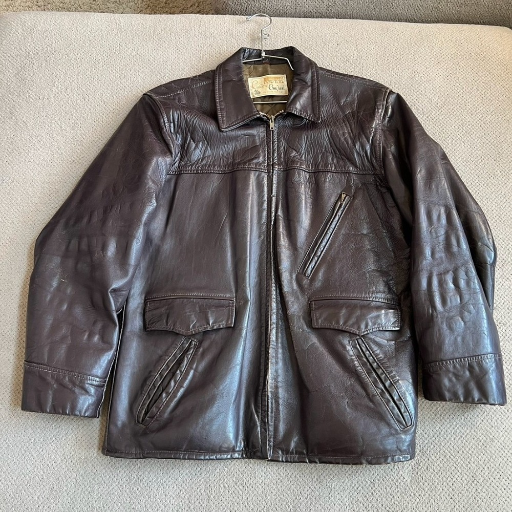 Vintage 1960s Montgomery Ward Custom Crafted Brown Leather Jacket Talon XL px